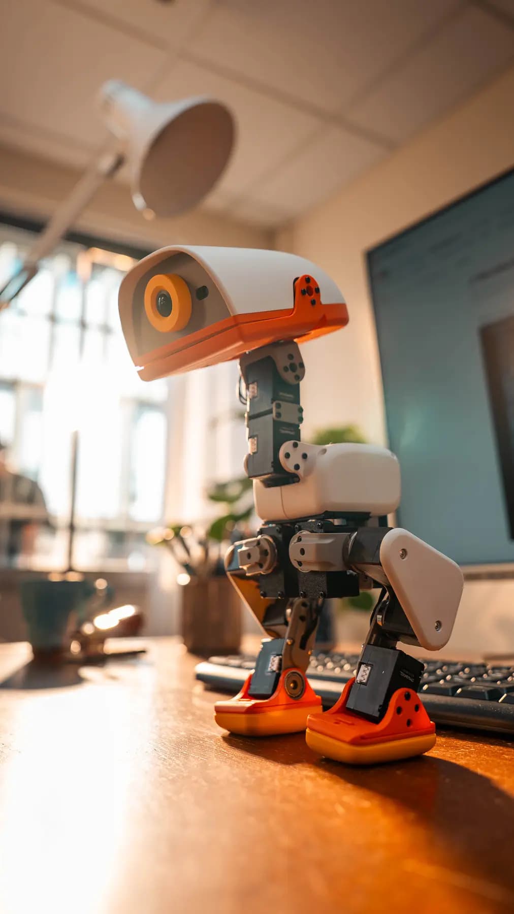 Pollen Robotics 官方 Microduck 产品实拍：一台白橙配色的双足机器鸭站在工作台上